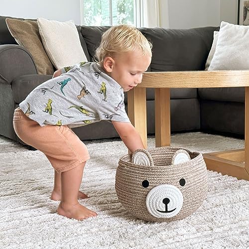 CherryNow bear gift basket for kids displayed on a wooden nursery shelf.