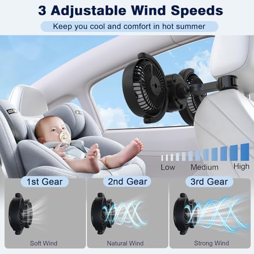 Hayousui portable auto cooling fan showing rear separate control power buttons and speed adjustment interface.