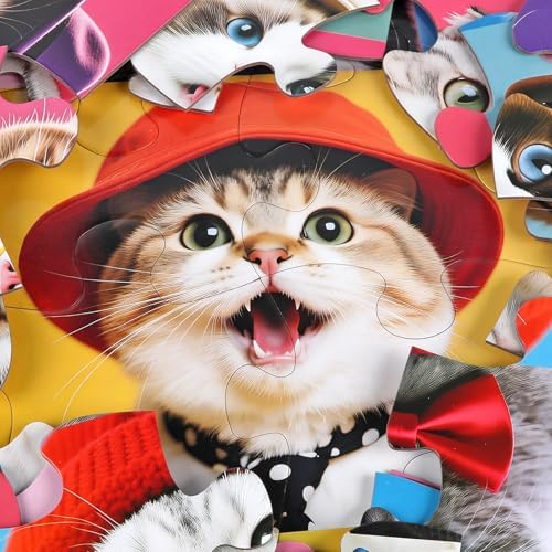 Toddler sorting the large colourful segments of the IFLOVE cat jigsaw puzzle.