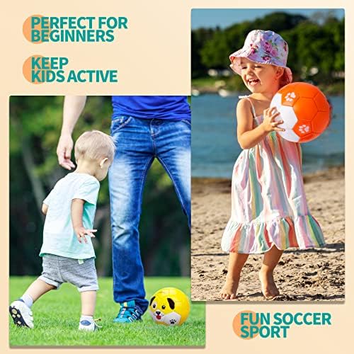 Toddler sized cartoon print soccer balls being inflated with the mini air pump