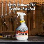 Rust-Oleum corrosion remover spray gel applied on a rusted car bumper displaying vertical clinging action
