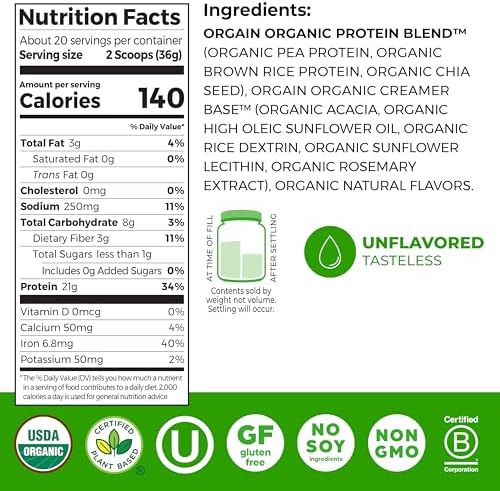 Orgain plant-based protein powder container showing 21 grams of protein label