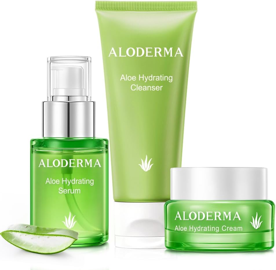 Aloderma brand 3 piece travel size hydrating skin care set with aloe vera