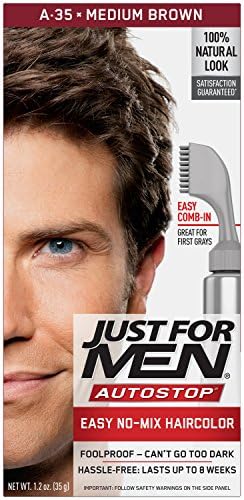 Side profile of Just For Men AutoStop box displaying shade number A-35 and clear color results guide