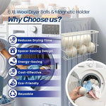 Close-up view of six extra large New Zealand wool dryer balls inside the magnetic storage container.