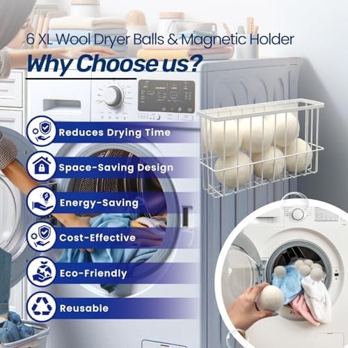Close-up view of six extra large New Zealand wool dryer balls inside the magnetic storage container.