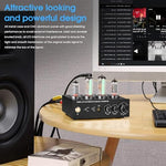 Douk Audio T9 tube preamp showcasing sleek matte black metal casing and aluminum panel design
