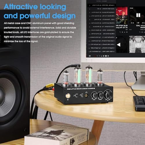 Douk Audio T9 tube preamp showcasing sleek matte black metal casing and aluminum panel design
