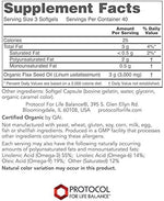 Supplement facts and nutritional breakdown on the back of Protocol for Life Balance Flaxseed Oil bottle.