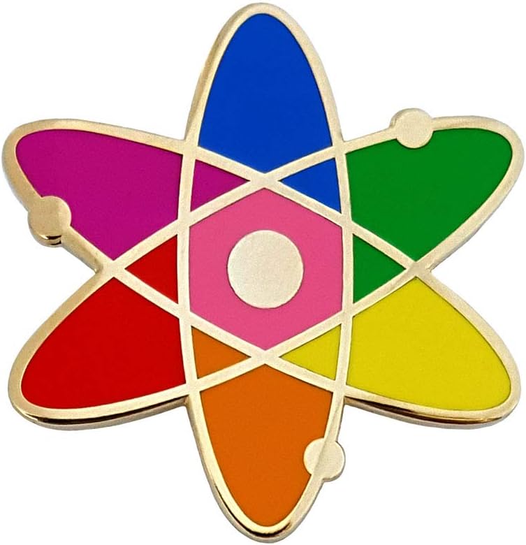 Pinsanity atomic symbol rainbow enamel lapel pin front view scientific badge