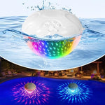 Blufree waterproof Bluetooth speaker floating on swimming pool water surface.