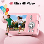 Pink 48MP compact camera for teens photography featuring the rear LCD display screen