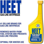 Heet fuel additive yellow bottle showing engine compatibility and water removal benefits