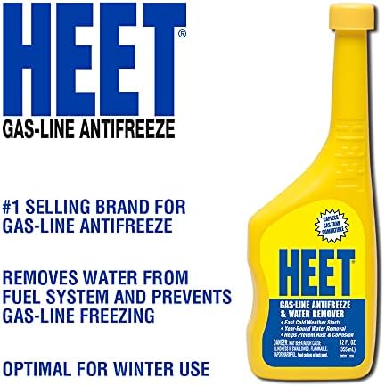 Heet fuel additive yellow bottle showing engine compatibility and water removal benefits