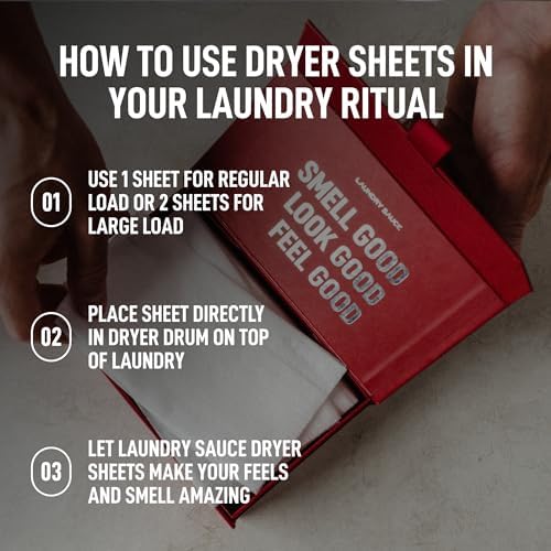 Single luxury scented laundry dryer sheet being placed inside a dryer drum on top of garments