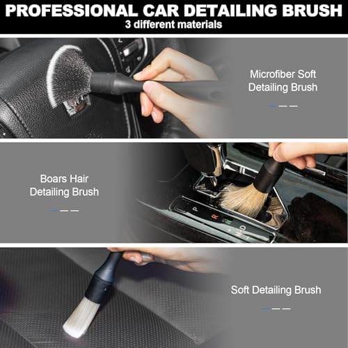ThinkLearn automotive cleaning brushes highlighting three distinct bristle materials for dashboard safety