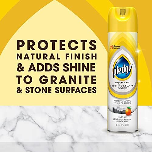 Pledge granite and stone polish orange scent packaging details showing product volume.