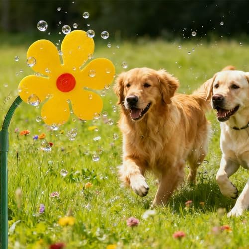 Yellow sunflower lawn sprinkler with three-quarter inch water hose adapter attached