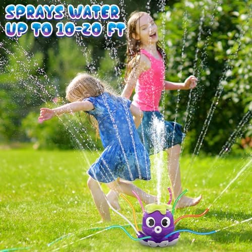 Toddlers enjoying splashing fun with outdoor octopus sprinkler