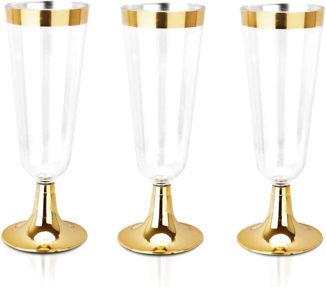 bUCLA 100 Pack Gold Plastic Champagne Flutes - 5OZ Plastic Champagne Glasses With Gold Rim - Premium Quality Gold Disposable Cups-Ideal for Thanksgiving Party, Weddings - Image 1