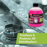 Close up of Velocity dishwasher deep cleaning pink liquid solution bottle