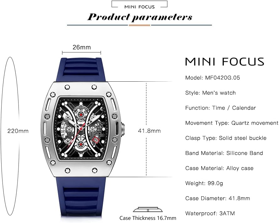 MF MINI FOCUS Watch for Men Wristwatch Fashion Hollow Big Dial Luminous Waterproof Sport Analog Quartz Business Mens Watches Blue Silicon Strap Dress Watch - Image 5