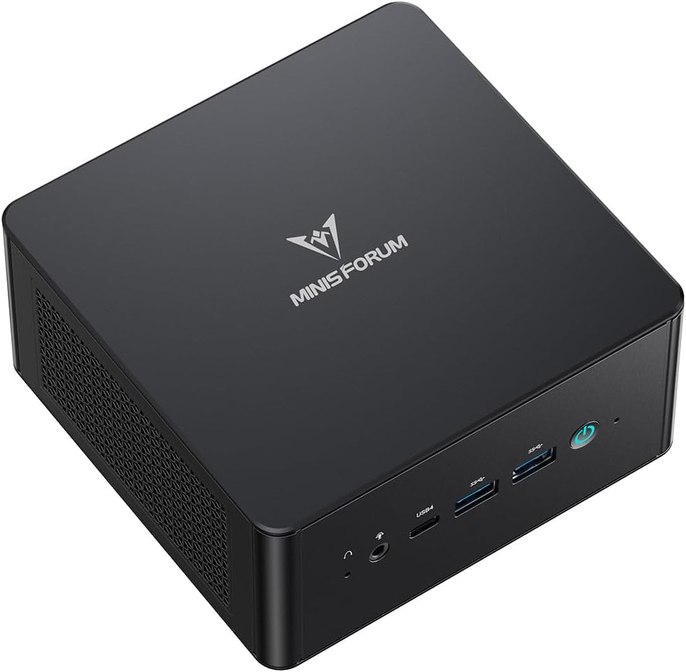 Minisforum UM890 Pro mini PC front view showing compact desktop computer design