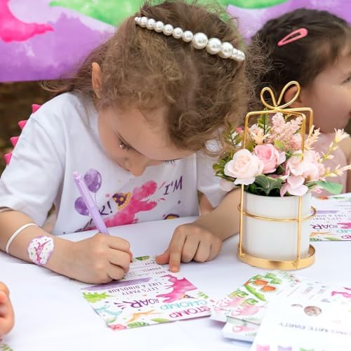 Close up view of the thick high quality paper texture on WERNNSAI pink dinosaur invites