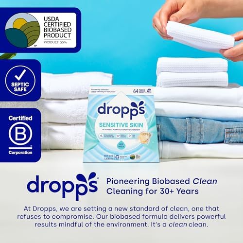 Dropps sensitive skin detergent ingredients label showing dye-free formula