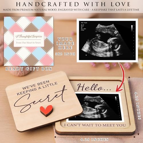 Close up view of the ultrasound photo slot holding a baby sonogram image inside the wooden keepsake frame.