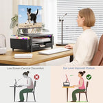 OPNICE 2-tier computer stand riser showing sliding drawer extended with office supplies