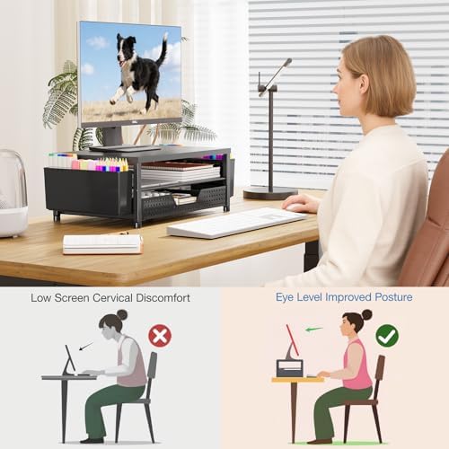 OPNICE 2-tier computer stand riser showing sliding drawer extended with office supplies