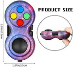 Two pieces of portable stress reducer game pads in vibrant tie dye and galaxy patterns
