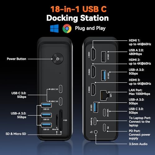 TobenONE triple display docking station rear view showing three HDMI ports and multiple USB connections.
