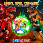 Children playing with the glowing prehistoric dinosaur themed hover football in a dim room