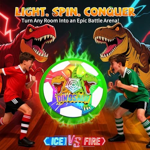 Children playing with the glowing prehistoric dinosaur themed hover football in a dim room