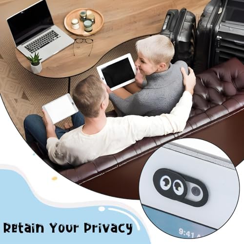 Ten piece set of black privacy web cam covers arranged on a plain background