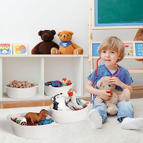 Compact rectangular cotton rope organizing bins used for bathroom countertop essentials
