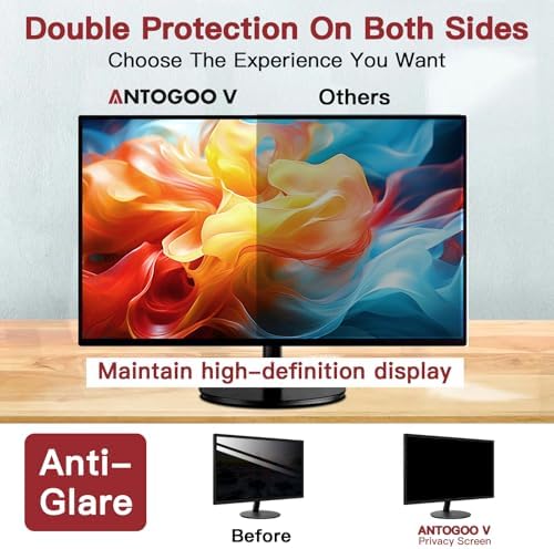 ANTOGOO V twenty-one point five inch privacy filter displaying the clear adhesive strips and slide mount installation options
