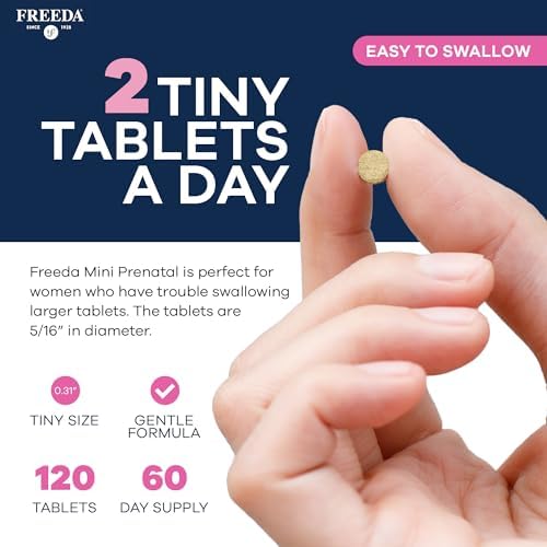 Tiny easy to swallow Freeda prenatal tablets on a surface