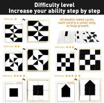 A child assembling black and white trapezoid and triangle puzzle blocks to improve spatial thinking skills.
