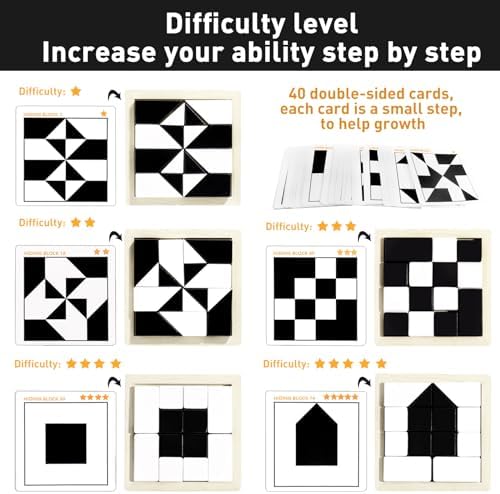 A child assembling black and white trapezoid and triangle puzzle blocks to improve spatial thinking skills.