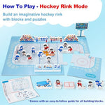 Detailed view of the fourteen wooden hockey player figurines and official characters standing on the assembled toy arena floor.