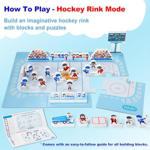 Detailed view of the fourteen wooden hockey player figurines and official characters standing on the assembled toy arena floor.