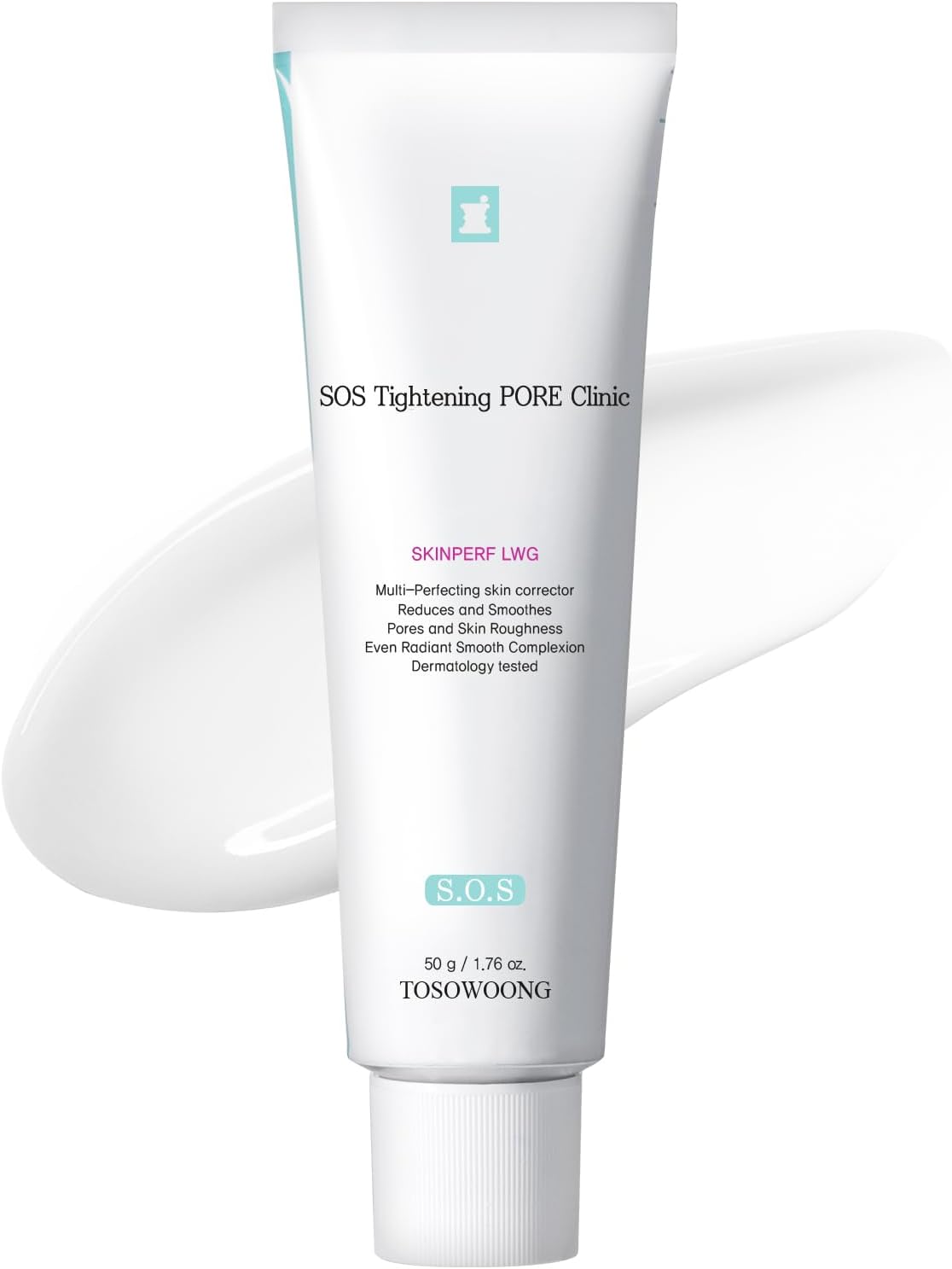 TOSOWOONG SOS Tightening Pore Clinic cream tube displaying exfoliating AHA ingredients for smooth skin texture.
