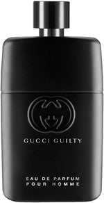 Gucci Guilty Pour Homme front view bottle showcasing the black finish and interlocking G logo.