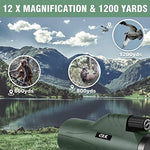 OXK Optics 12x56 monocular with smartphone adapter attached to a mobile phone on a tripod.