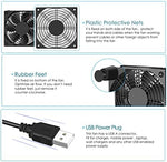 Qirssyn 5V cooling fan installed underneath an internet router to demonstrate high airflow heat reduction.