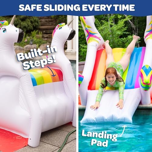 Side view showing the dimensions of the giant inflatable unicorn pool slide.