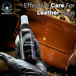 Premium leather handbag protection spray showing water droplets repelling off surface